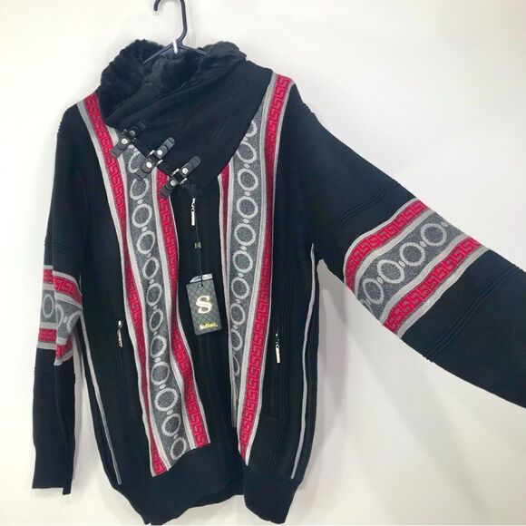 Silversilk Italian Connection Black Geometric Buckle Fur Knit Pullover  NEW - Picture 5 of 16